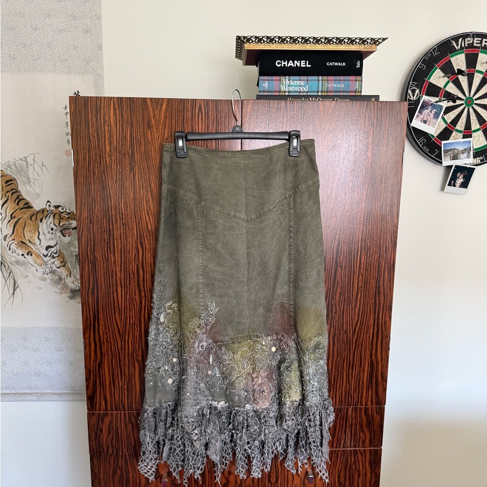 Embroidered upcycled one of a kind Olive Green Skirt with Lace Hem